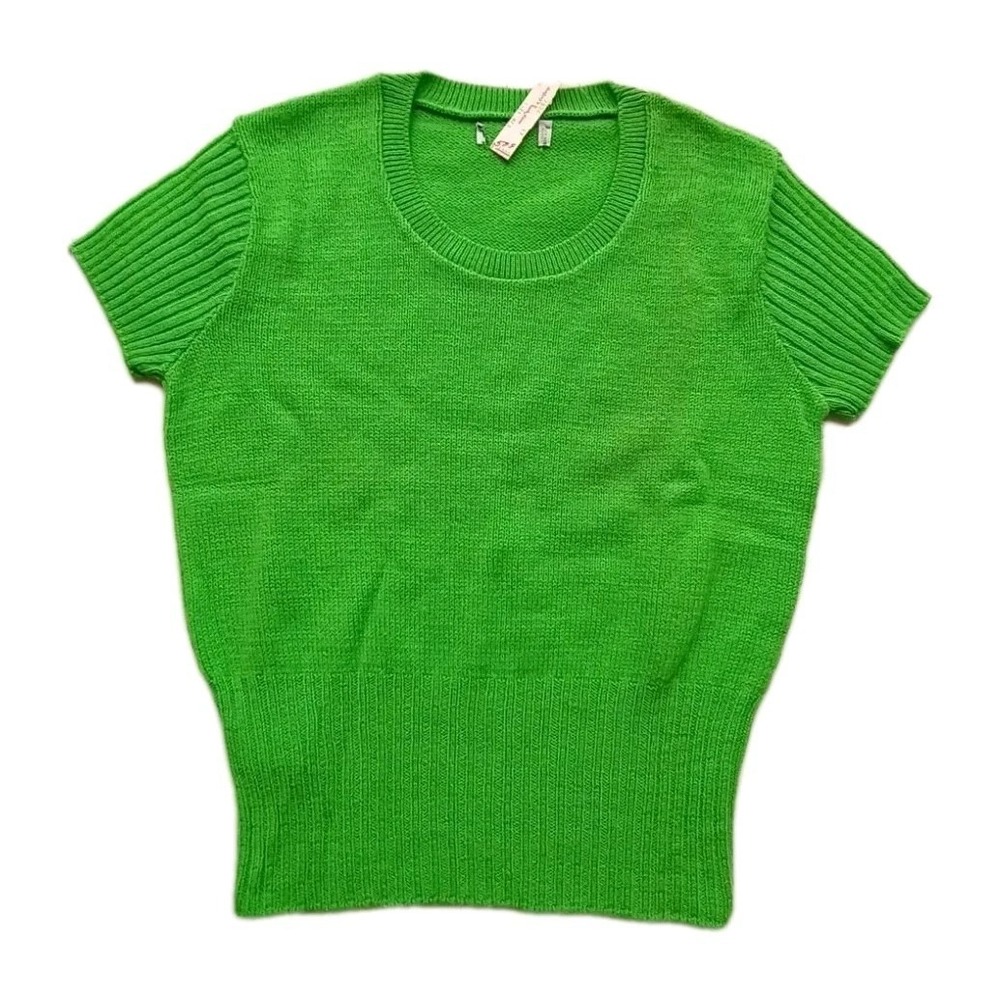 Vtg Short Sleeve‎ Knit Sweater Virgin Wool Lime Green Ribbed Womens Mod USA READ